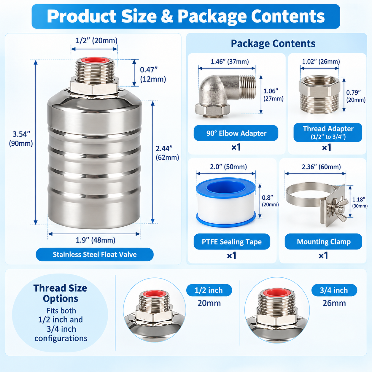 Float valve dimensions thread options and package contents with adapters tape nut and clamp