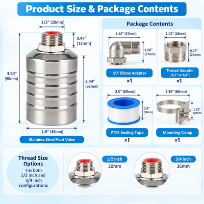 💧 Automatic Water Level Float Valve – 304 Stainless Steel Tank Fill Controller