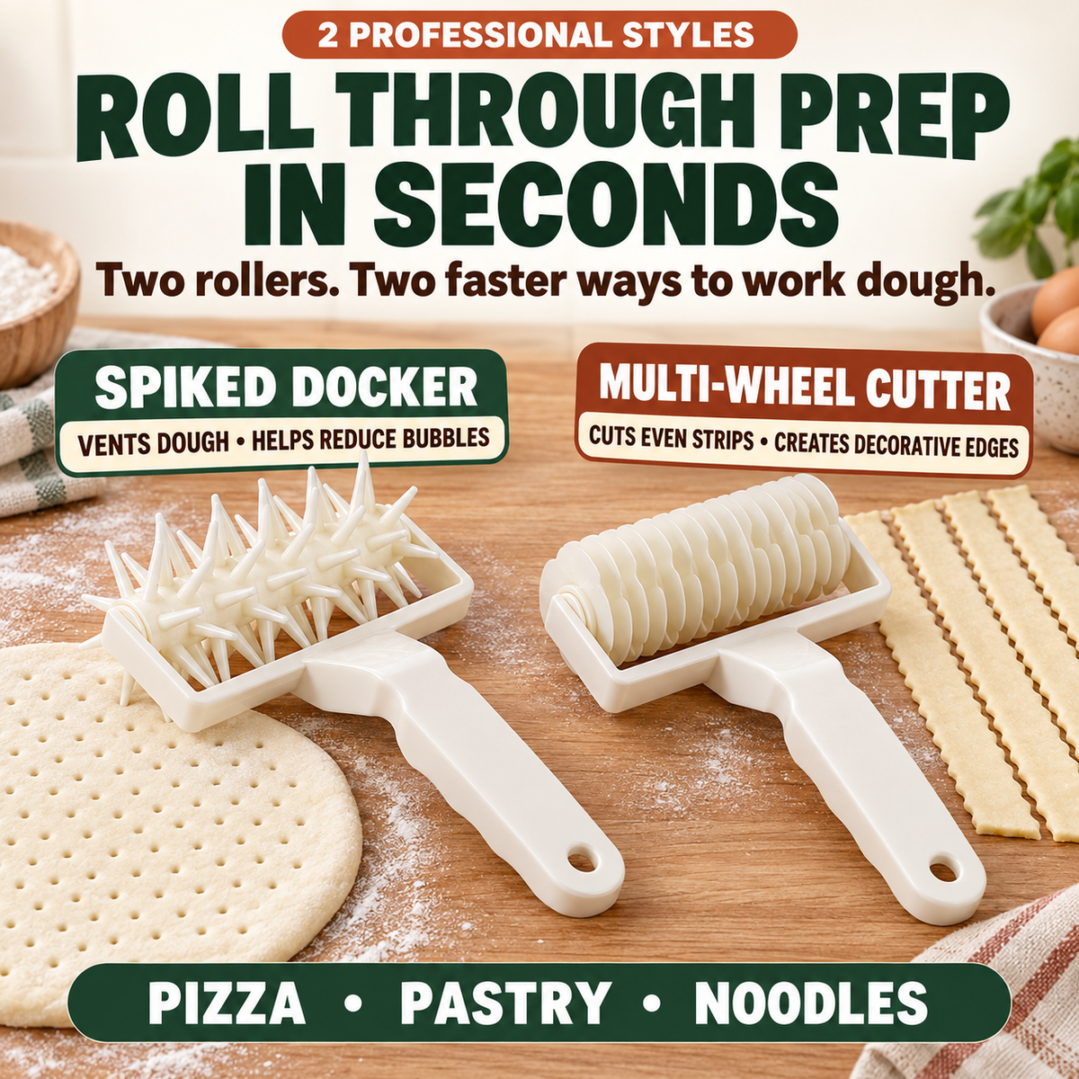 🍕Large Dough Docker & Multi-Wheel Cutter – Faster Pizza & Pastry Prep🍜