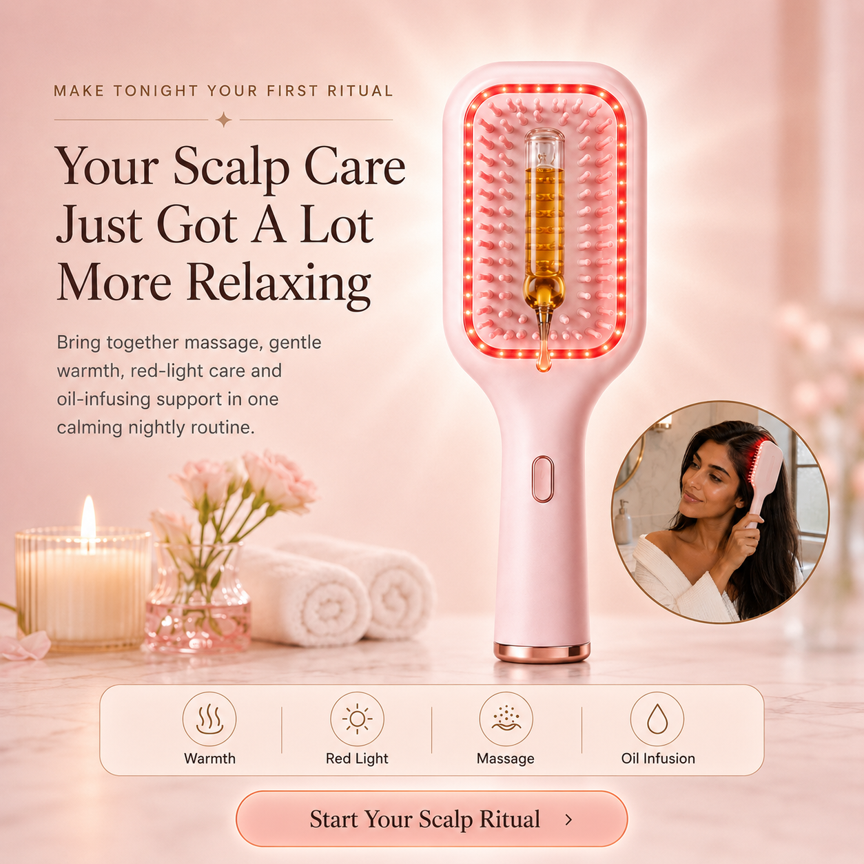 🌙 5-Minute Scalp Spa Brush | Red Light, Warm Massage & Oil Infusion