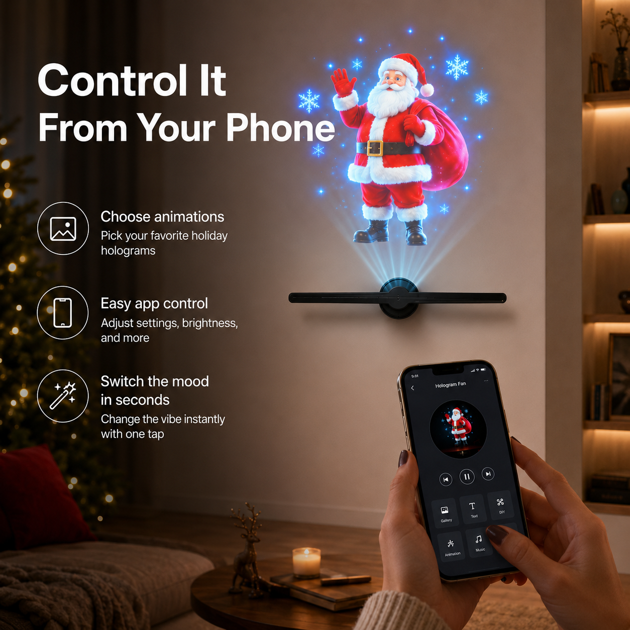 Smartphone controlling Santa animation on 3D hologram fan Christmas display