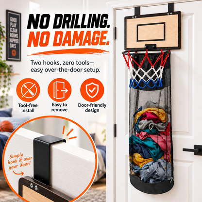 🏀Over-the-Door BasketballLaundry Hamper - Fun Space-Saving Clothes Basket