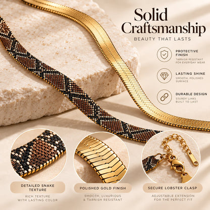🐍 Reversible Snake Scale Engraved Gold Iron Herringbone Chain Necklace