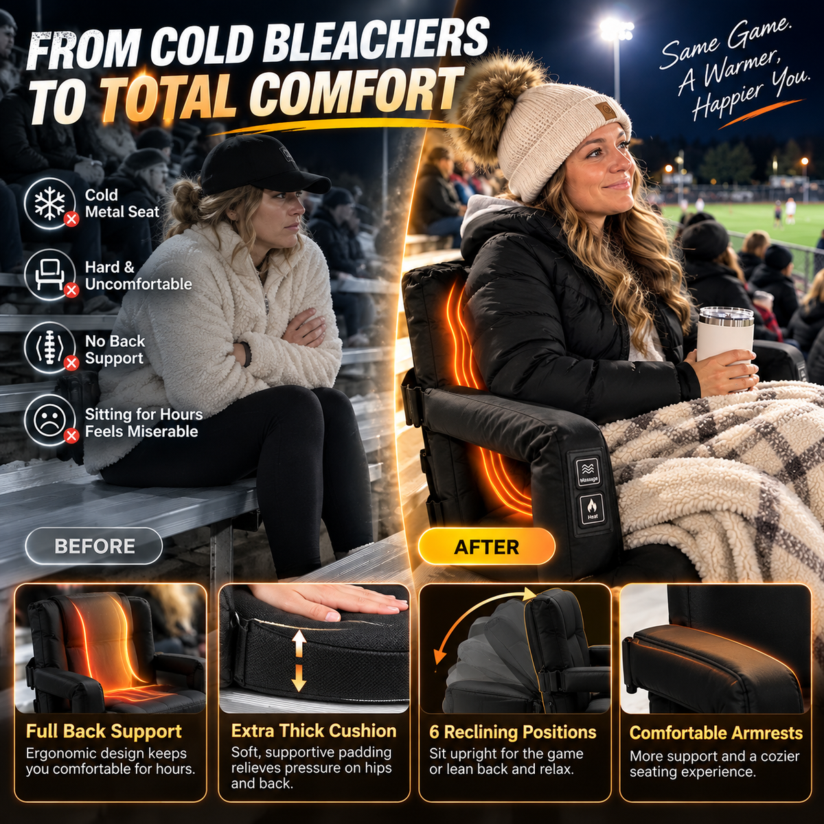 🔥 Heated & Massaging Bleacher Seat – 3 Heat Levels, 6 Reclining Positions