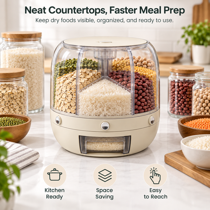 🌾 6-Compartment Rotating Dry Food Dispenser – Pantry Organizer for Rice, Beans, Grains & Treats