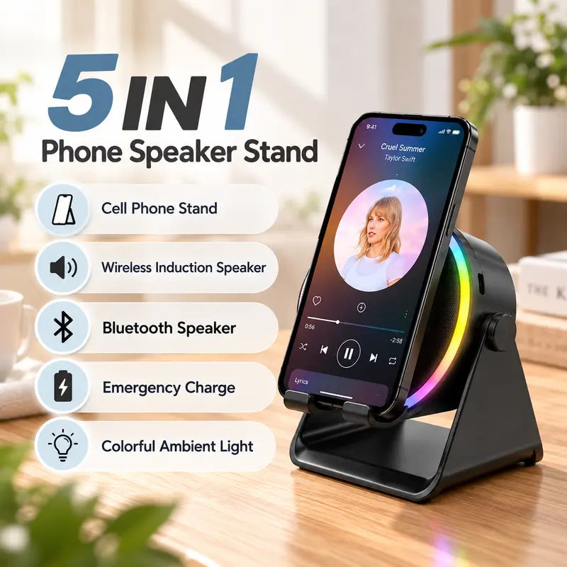🔊 5-in-1 Wireless Induction Bluetooth Speaker Stand – 360° Rotating Phone Holder with LED Light