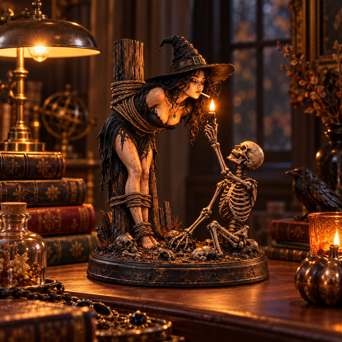 🔥 Witch & Skeleton Light-Up Halloween Figurine – Gothic Tabletop Décor