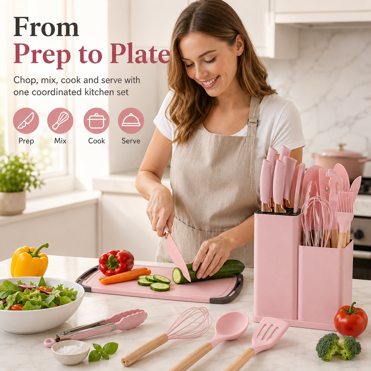 Woman preparing vegetables with coordinated pink kitchen tool set