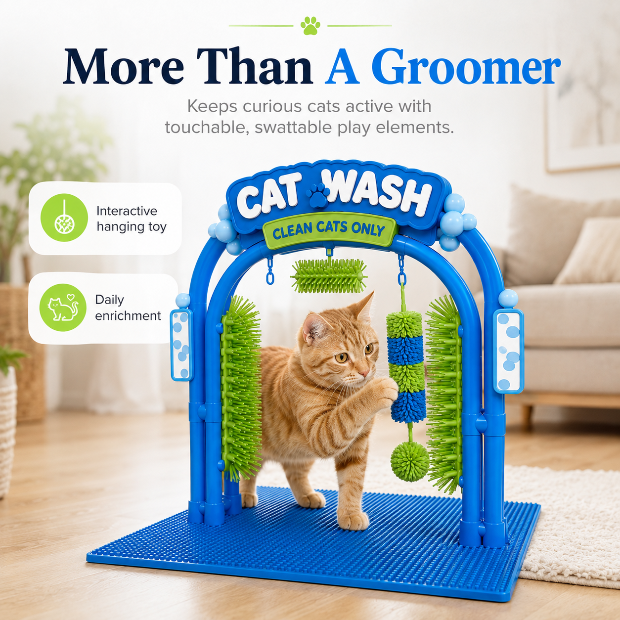 Orange cat swatting interactive hanging toy in self grooming arch