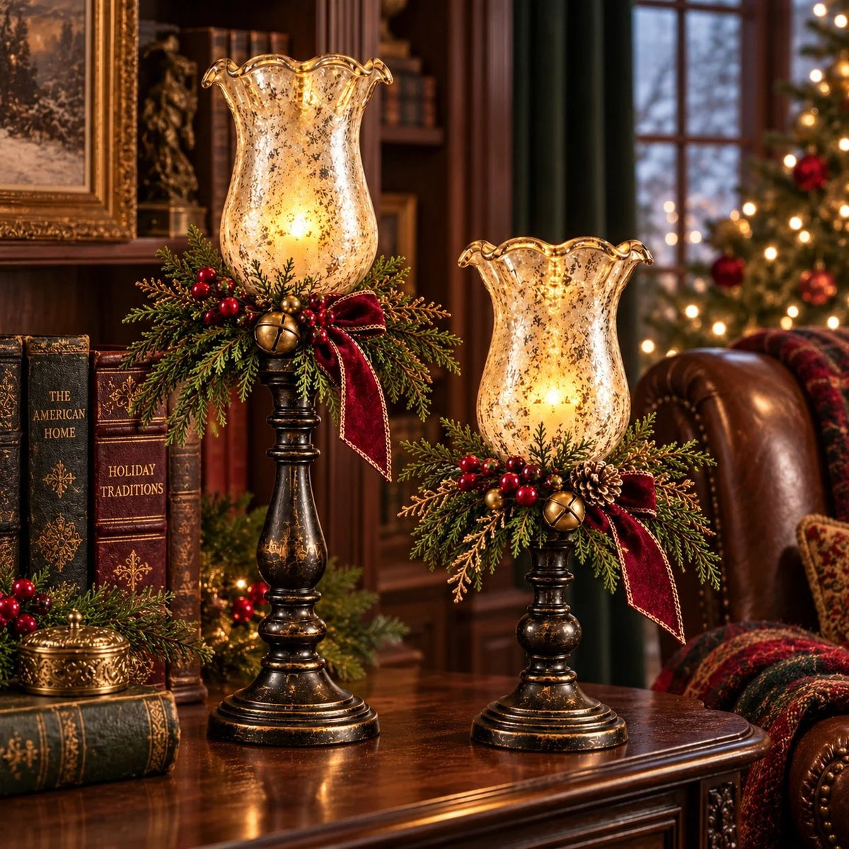 🕯️ Vintage Mercury Glass Christmas Candle Lamp – Flickering LED Holiday Decor