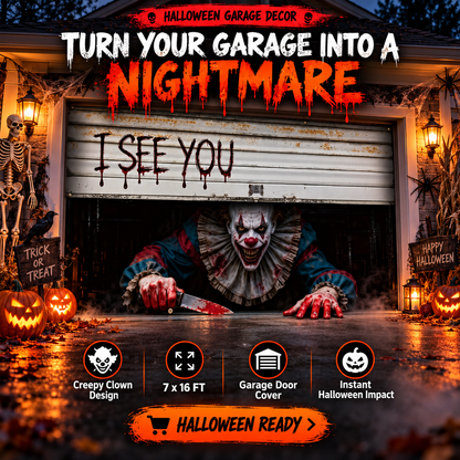 🎃It’s Watching You… 👁️ Giant Creepy Clown Halloween Garage Door Cover
