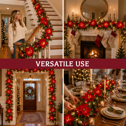 🎄Lighted Poinsettia Christmas Garland – Warm LED Holiday Greenery