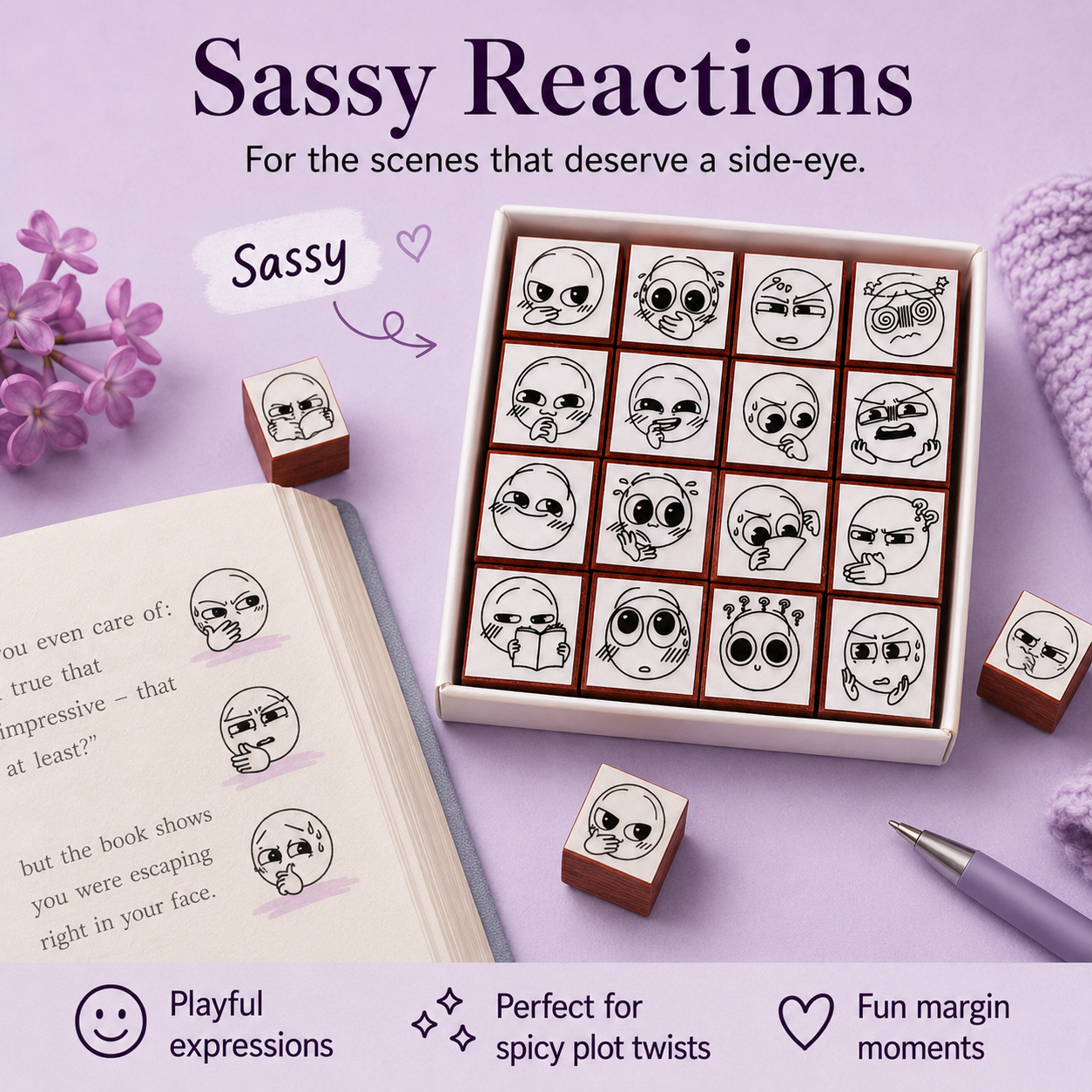 Sassy reaction stamp set for skeptical playful side eye book annotation