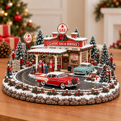 🚗 Lighted Classic Gas Station Christmas Village | Vintage Roadside Décor