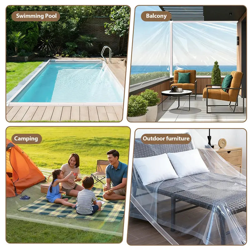 Transparent tarp used around a pool balcony camping area and outdoor furniture