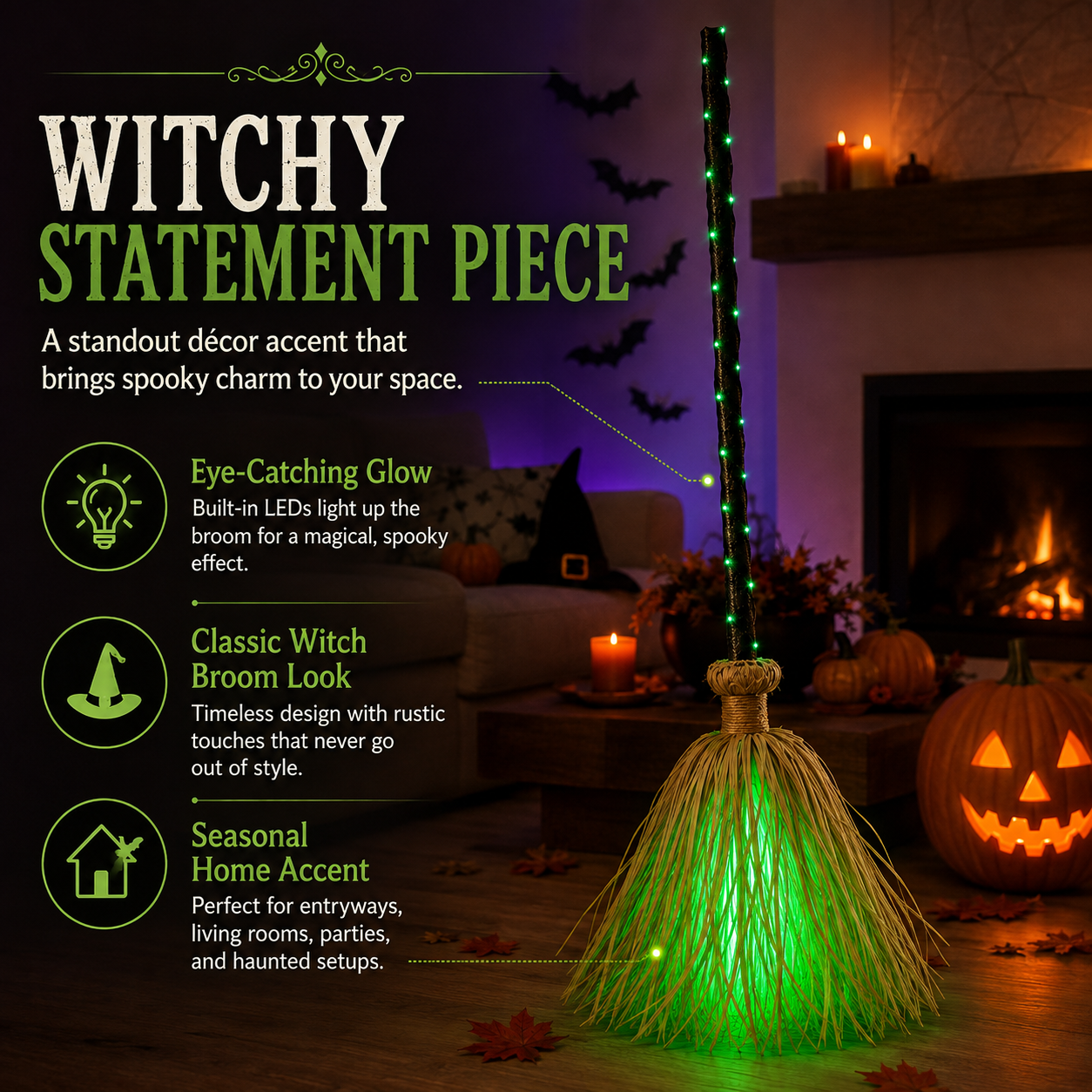 🧹 Light-Up Witch Broom Halloween Decoration – Spooky Green LED Décor