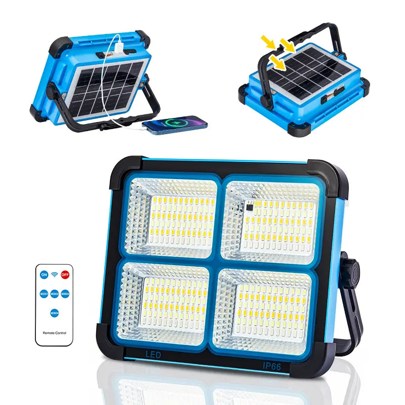 Rechargeable work light with solar charging mobile device connection and remote-control accessory shown