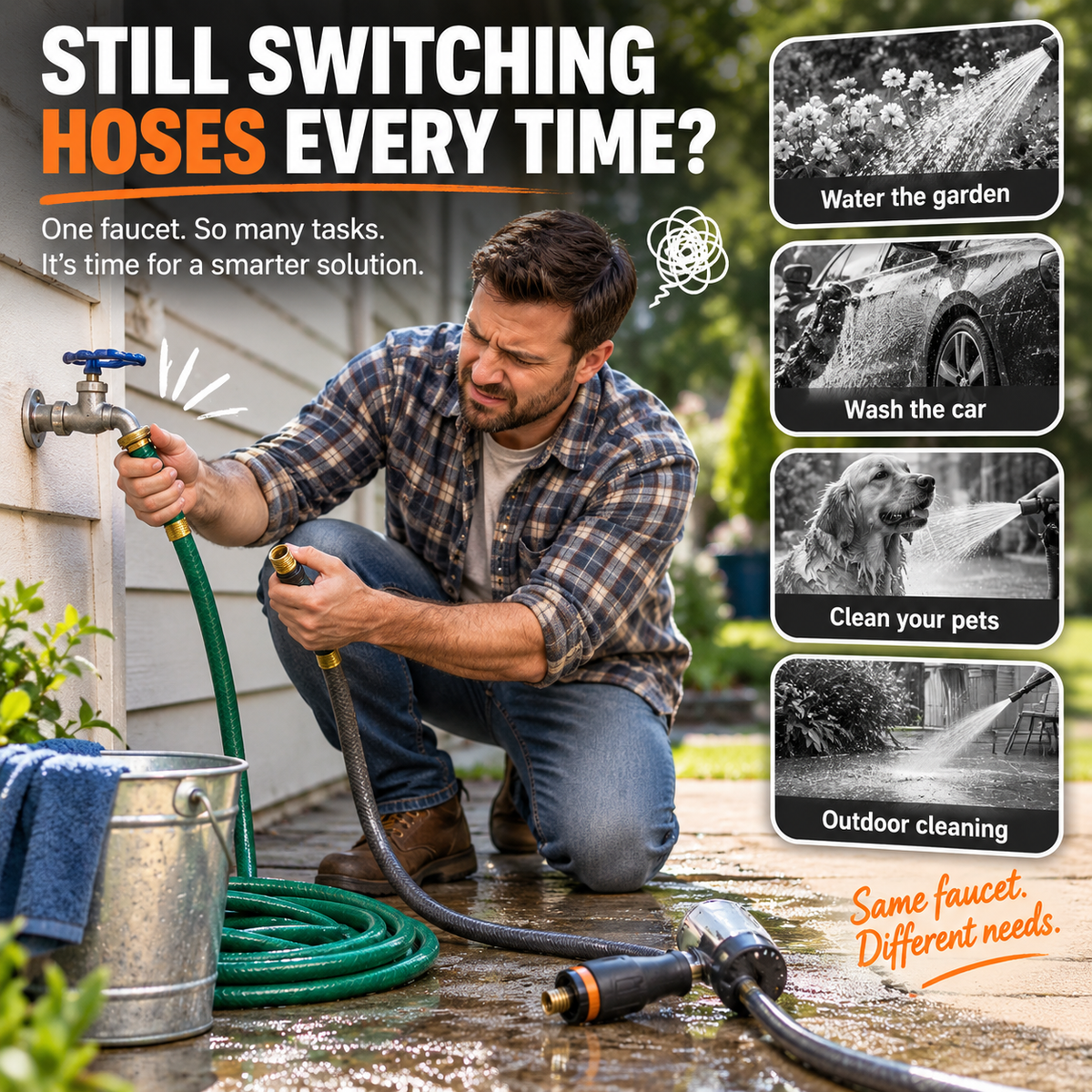 💧 Dual-Outlet Faucet – Two Water Lines, No More Hose Switching