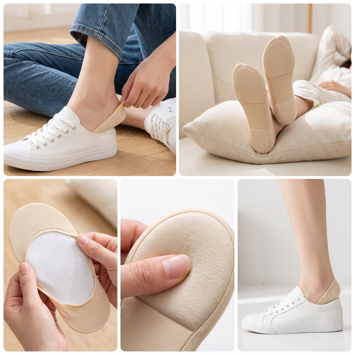 Lifestyle collage of nude no-show socks being worn with white sneakers, showing comfortable fit and padded sole