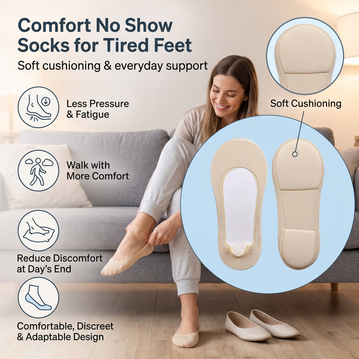 Woman putting on nude cushioned no-show socks with padded heel and forefoot areas