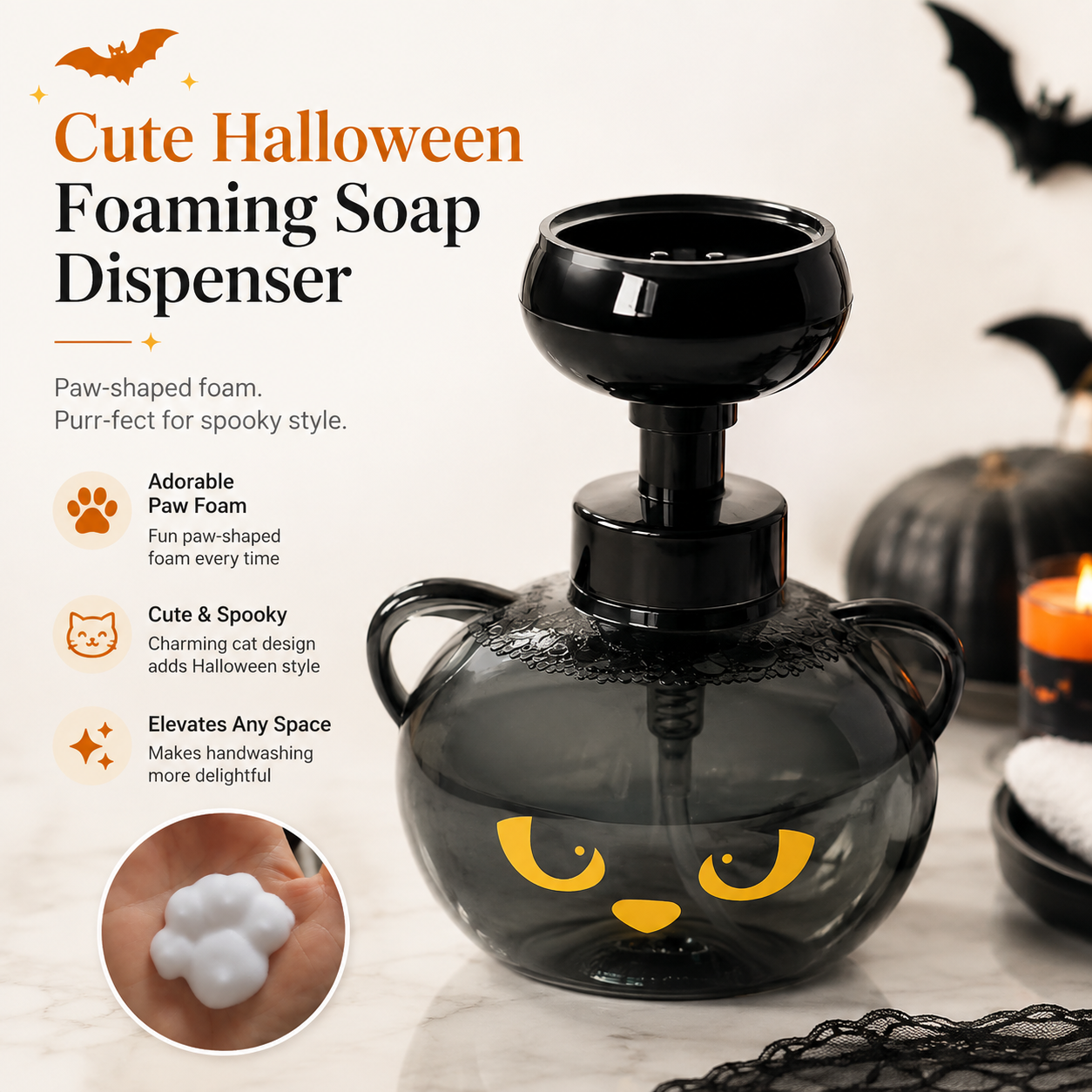 Spooky black cat foaming soap dispenser with paw shaped foam
