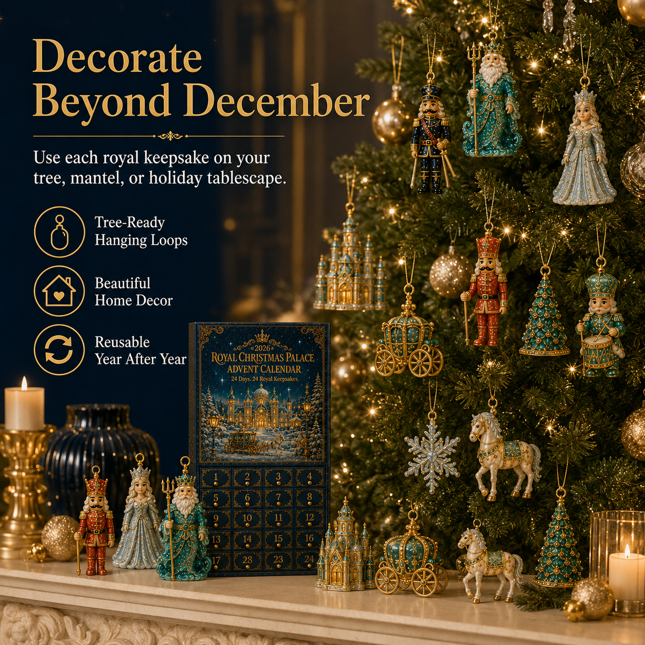 Royal Christmas Palace keepsakes hanging on Christmas tree and displayed on mantel