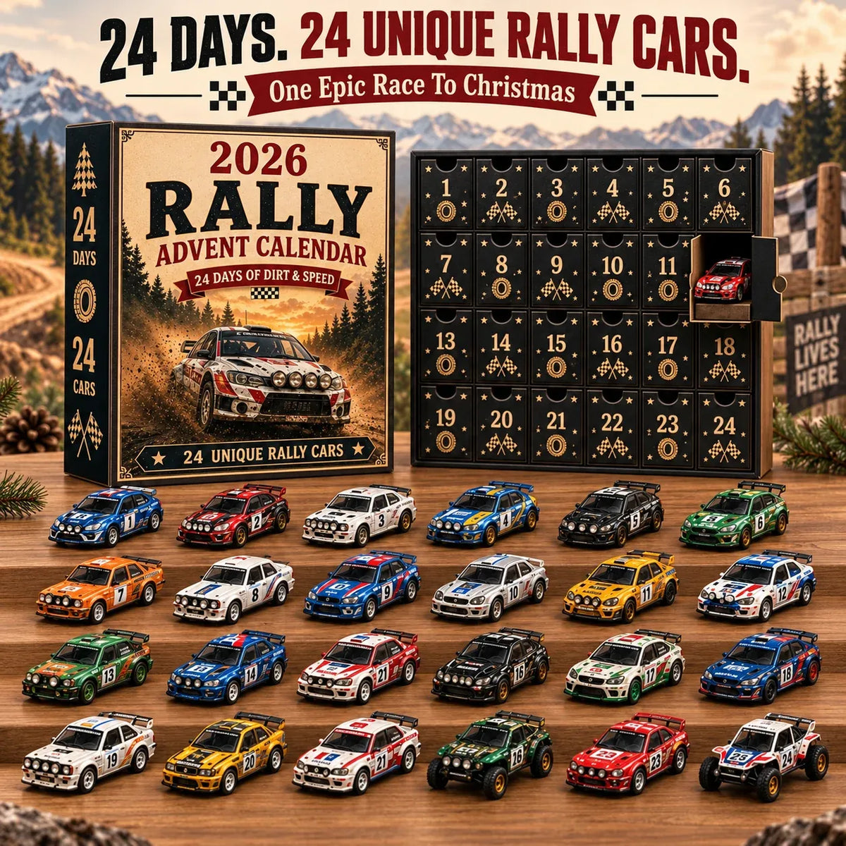 Collection of miniature rally cars from the 24-day advent calendar