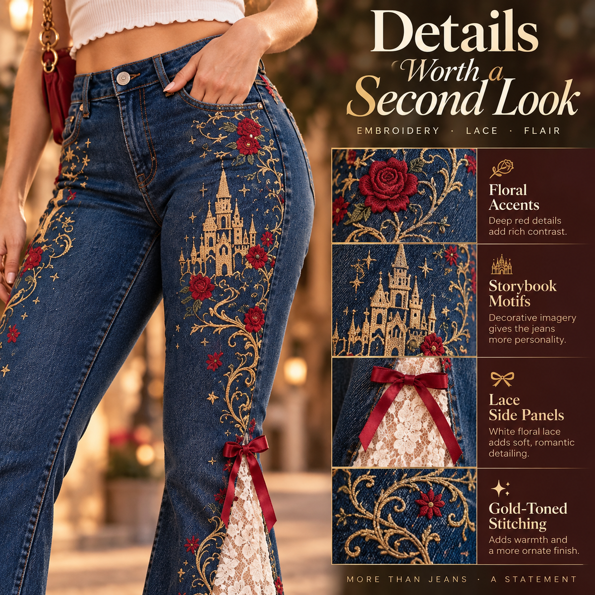 💖Romantic Embroidered Flare Jeans – High-Rise Denim with Lace Panels🌹