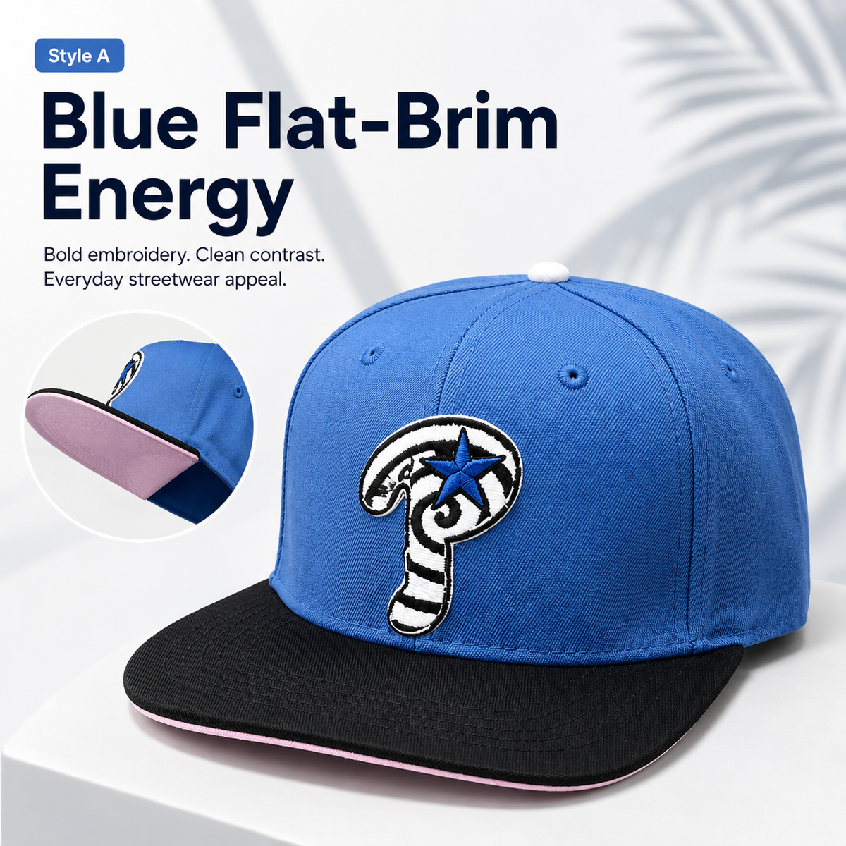🧢 Embroidered Streetwear Cap – Blue Flat-Brim & Red Mesh-Back Trucker Style