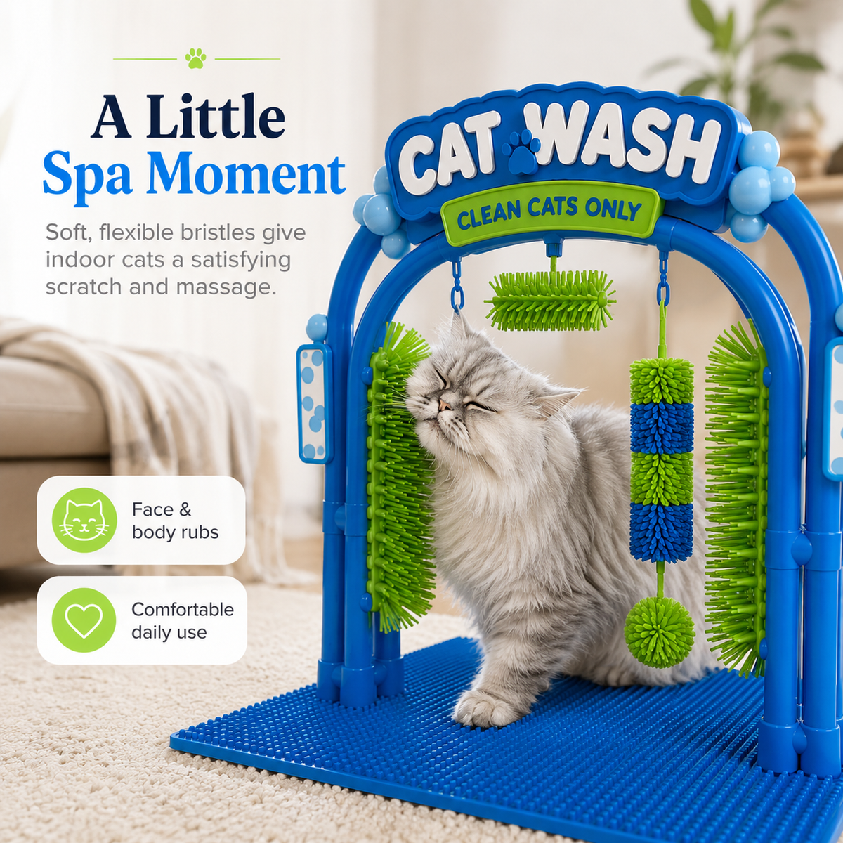 Fluffy cat enjoying face and body rubbing against flexible grooming brush