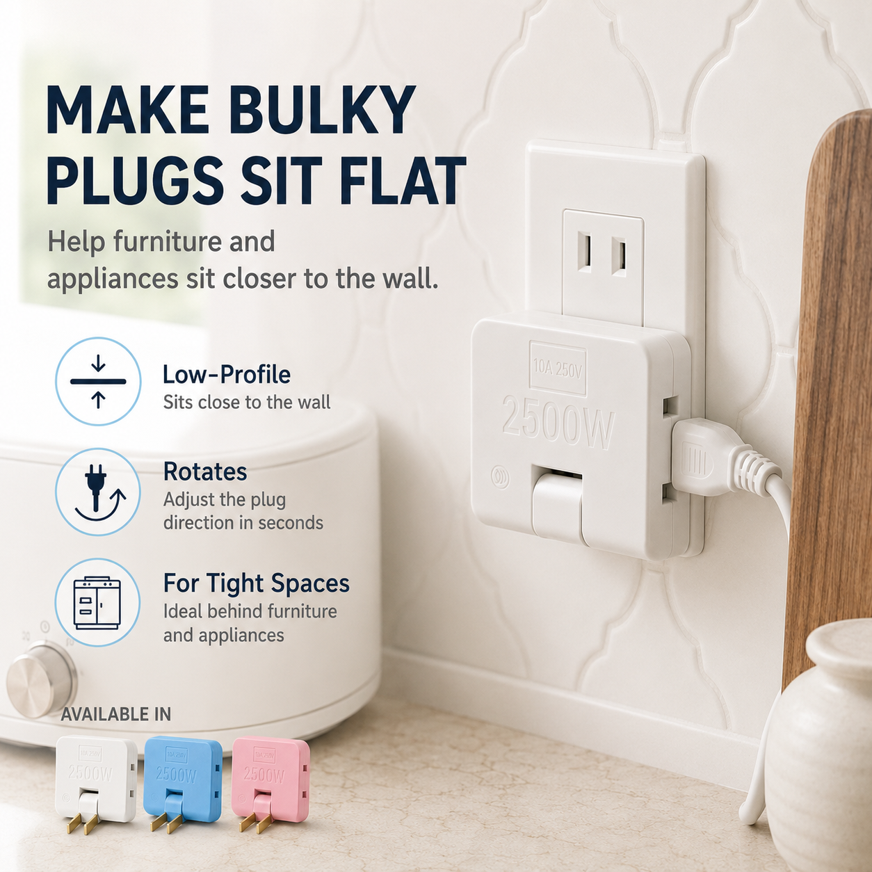 🔌 Rotating 3-Outlet Flat Plug Adapter – Save Space & Reduce Cord Bending