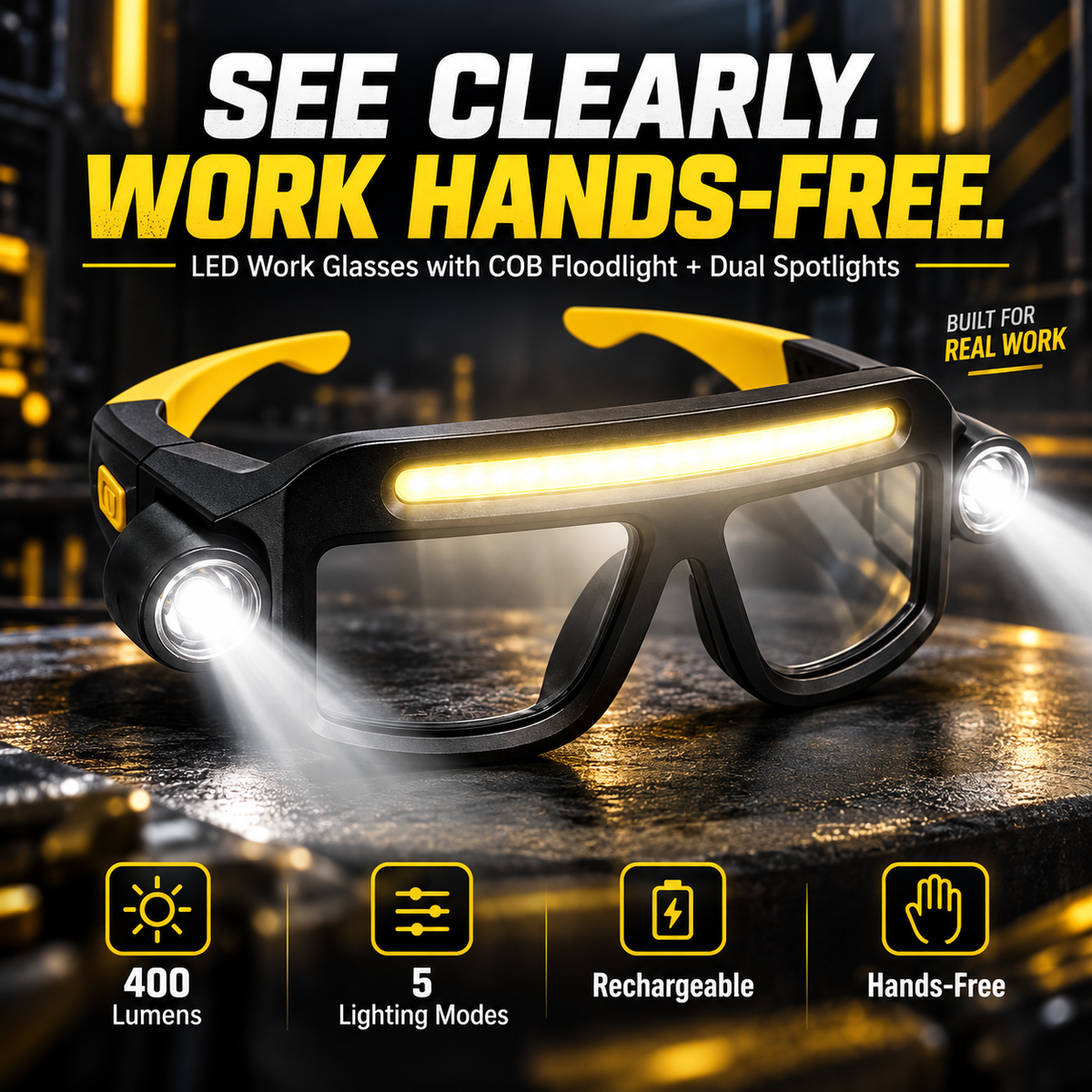 Hands-free LED work glasses with wide front beam and dual side spotlights