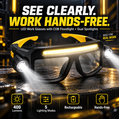 🔥 Hands-Free LED Work Glasses – Wide Front Beam + Dual Side Spotlights