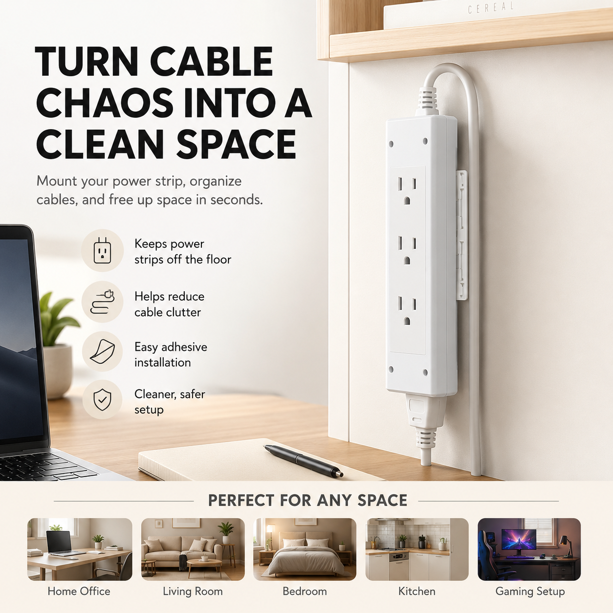 Wall Mounted Power Strip Holder – No Drill Cable Organizer for Clean & Clutter-Free Spaces