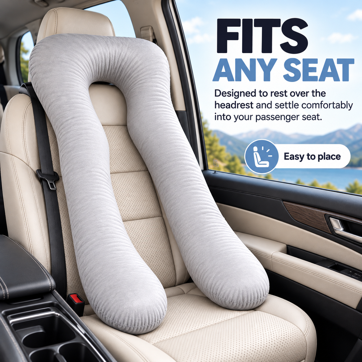 Grey PlushRide U-shaped pillow placed over a car passenger-seat headrest
