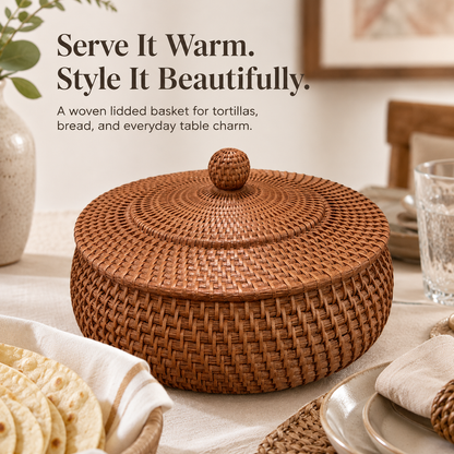 🧺 Woven Tortilla Basket With Lid – Covered Bread & Table Serving Basket