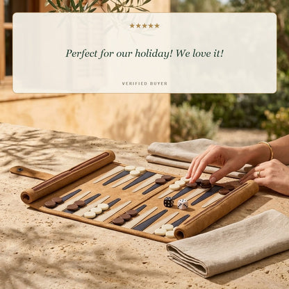 Jaques travel backgammon set on a Mediterranean terrace, five star review [fill]