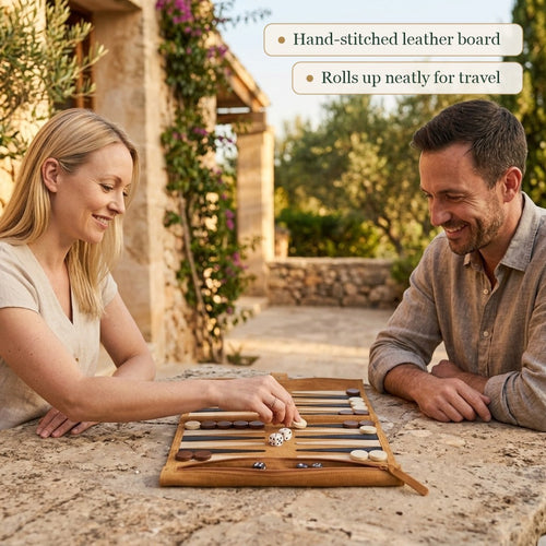Couple playing the Jaques travel backgammon set on a villa terrace [fill]