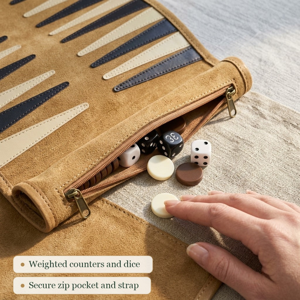 Close-up of the Jaques travel backgammon leather, weighted counters and zip pocket [fill]
