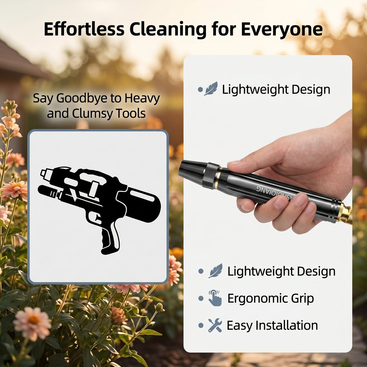 Comparison between a heavy bulky water cleaning tool and the lightweight compact spray gun
