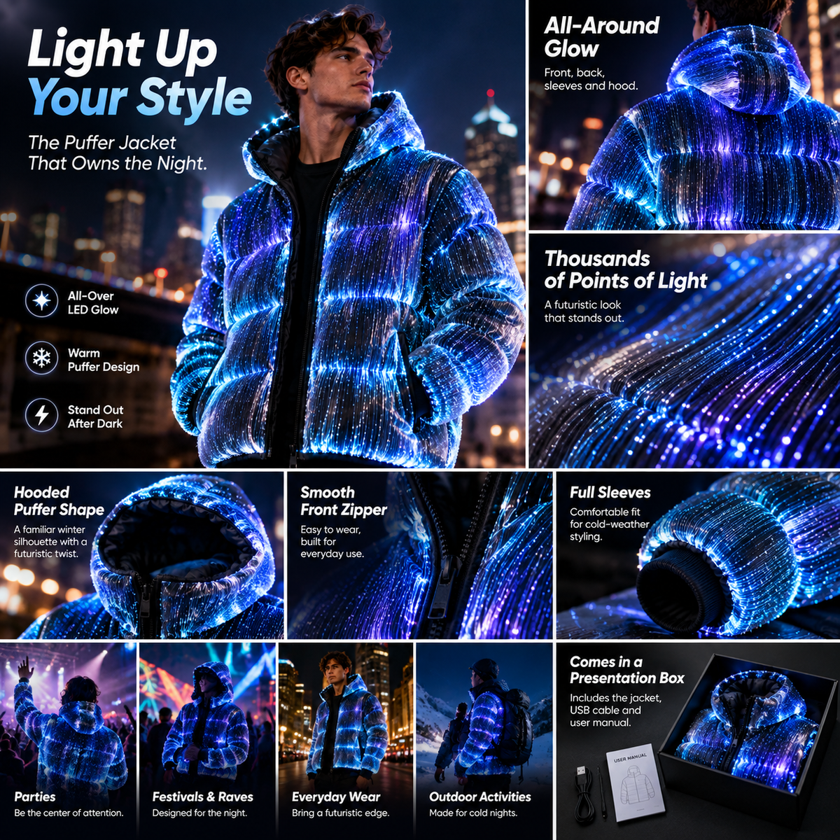 Overview of glowing puffer jacket features