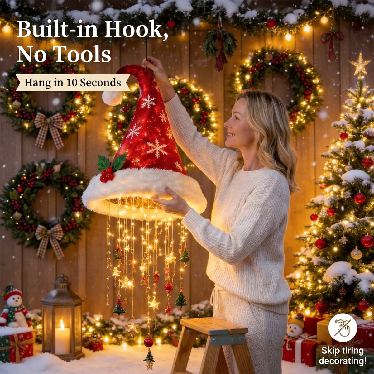 🎅✨ Lighted Santa Hat Hanging Chandelier