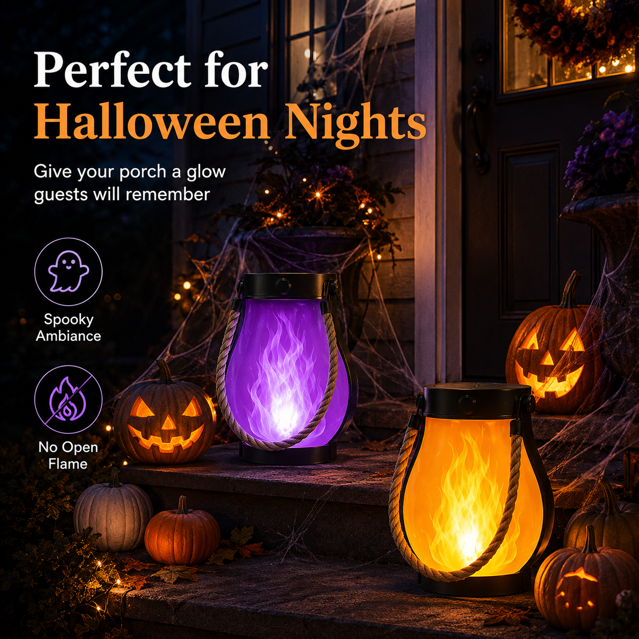 Purple and warm orange flame lanterns decorating Halloween porch with pumpkins