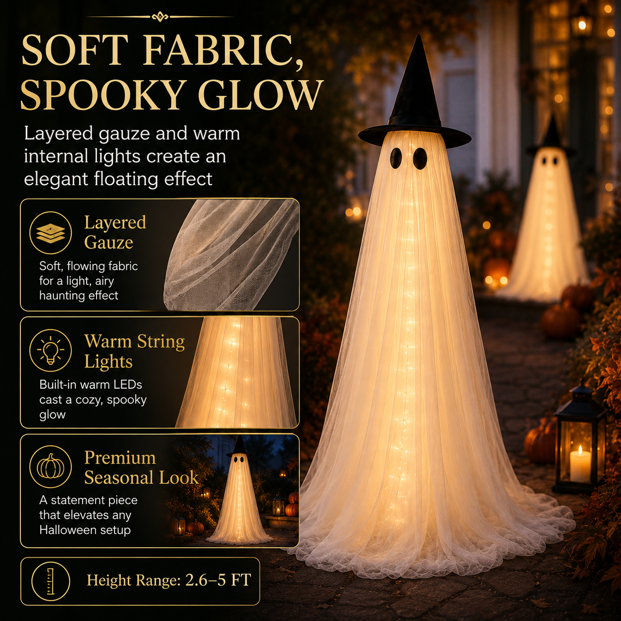 Soft layered gauze and warm lights on Halloween ghost decoration