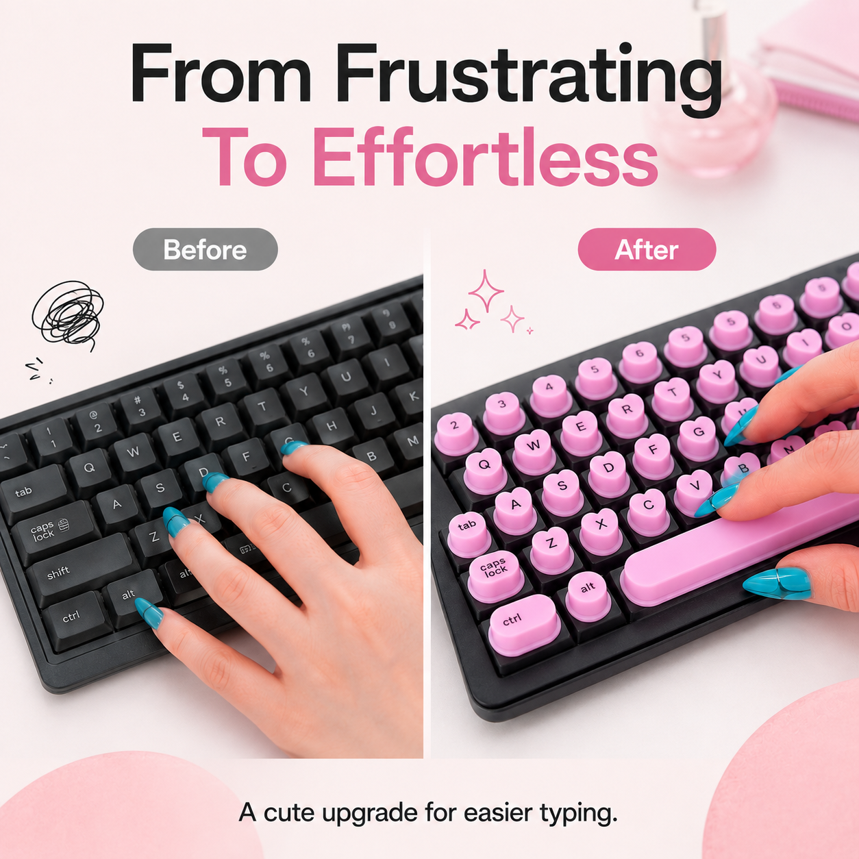 Before and after long nail typing with raised pink keyboard key toppers
