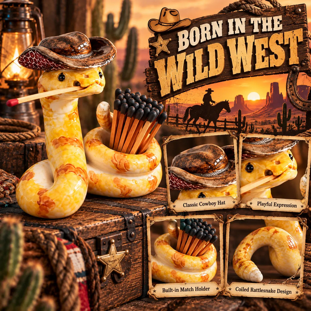 🤠 Funny Cowboy Rattlesnake Match Holder – Rustic Western Décor & Unique Gift