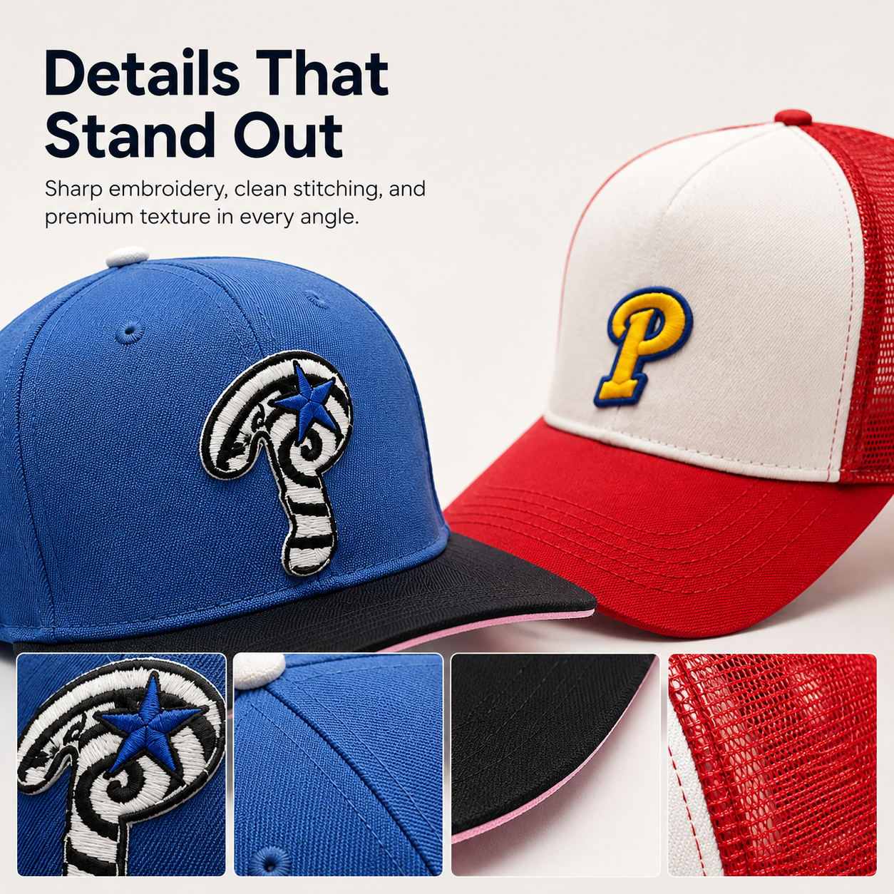 🧢 Embroidered Streetwear Cap – Blue Flat-Brim & Red Mesh-Back Trucker Style