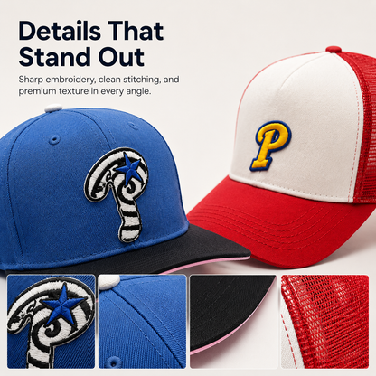 🧢 Embroidered Streetwear Cap – Blue Flat-Brim & Red Mesh-Back Trucker Style
