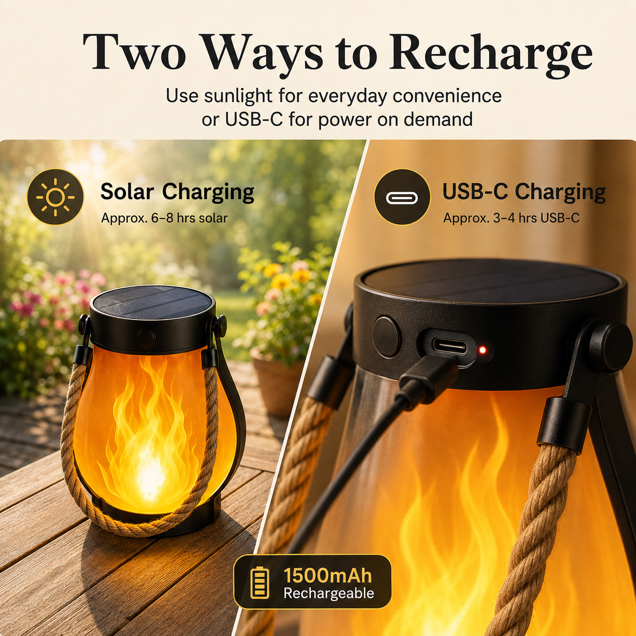 Solar and USB C dual charging for rechargeable flame lantern