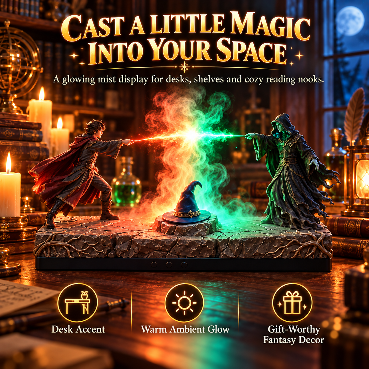 Fantasy wizard duel mist diffuser with glowing orange and green mist